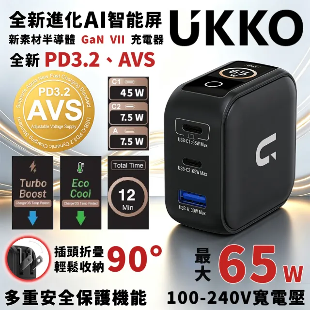 【UKKO】65W GaN 氮化鎵 PD3.2/AVS 3孔 (2C1A) AI 溫控急速充電器 (黑)
