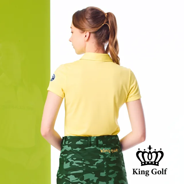 【KING GOLF】網路限定款-女款素色迷彩撞色領logo印花POLO衫/高爾夫球衫-黃色
