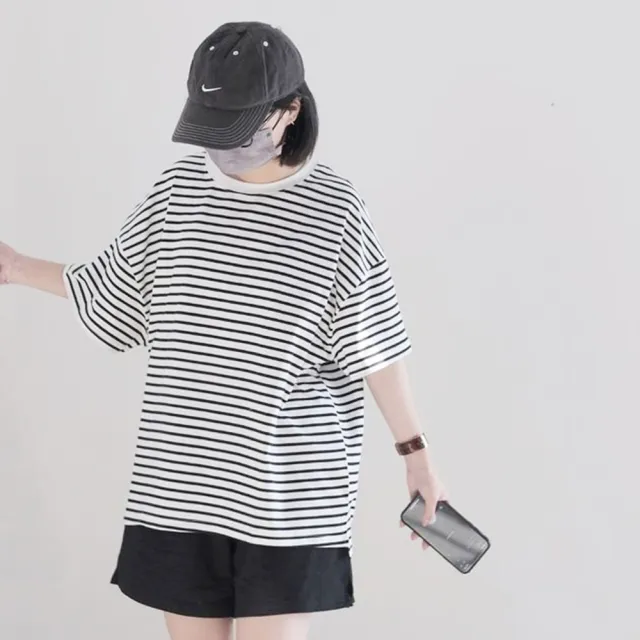 【橘魔法】率性條紋寬鬆短版上衣 兒童 童裝 女童 男童 大人 女裝 男裝 親子裝 短袖上衣 棉T 中性款