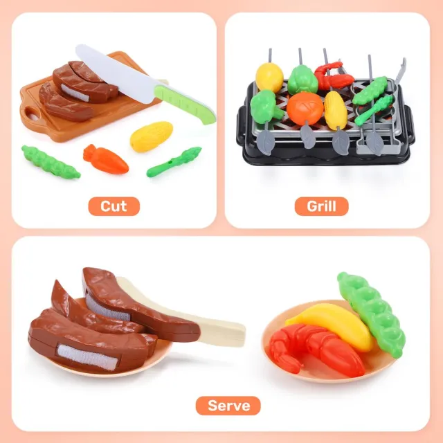 【CuteStone】兒童廚房玩具家家酒玩具55件組(仿真廚具/BBQ烤肉架/切切樂/生日禮物/兒童節/交換禮物)