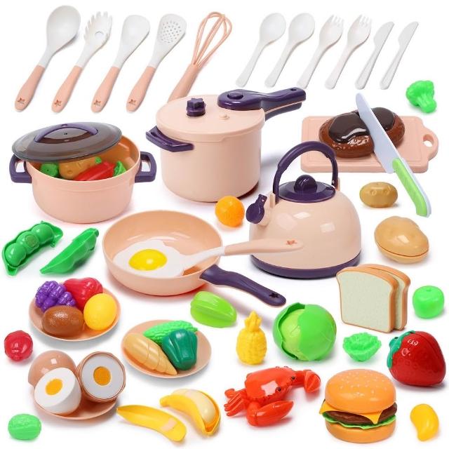 【CuteStone】兒童廚房玩具家家酒玩具50件組(仿真廚具壓力鍋/切切樂/美味漢堡/角色扮演/生日禮物/交換禮物)
