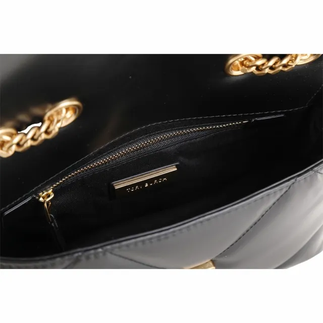 【TORY BURCH】Kira 雙T標誌菱格絎縫牛皮翻蓋肩 斜背鏈帶包 小款-黑色