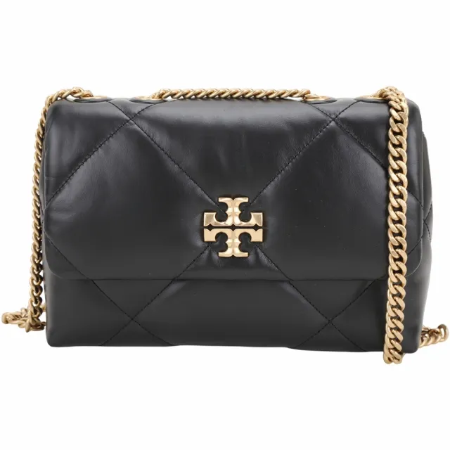 【TORY BURCH】Kira 雙T標誌菱格絎縫牛皮翻蓋肩 斜背鏈帶包 小款-黑色