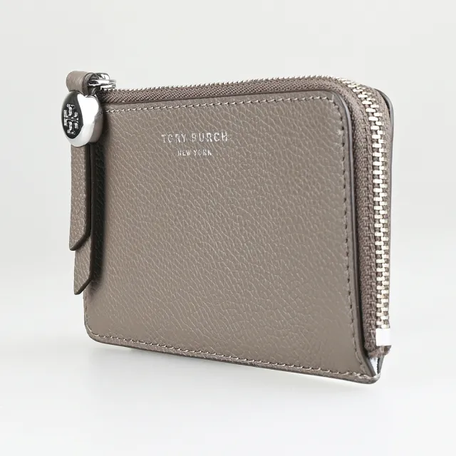 【TORY BURCH】TORY BURCH Romy經典燙銀LOGO小牛皮4卡拉鍊零錢卡夾包(灰褐)