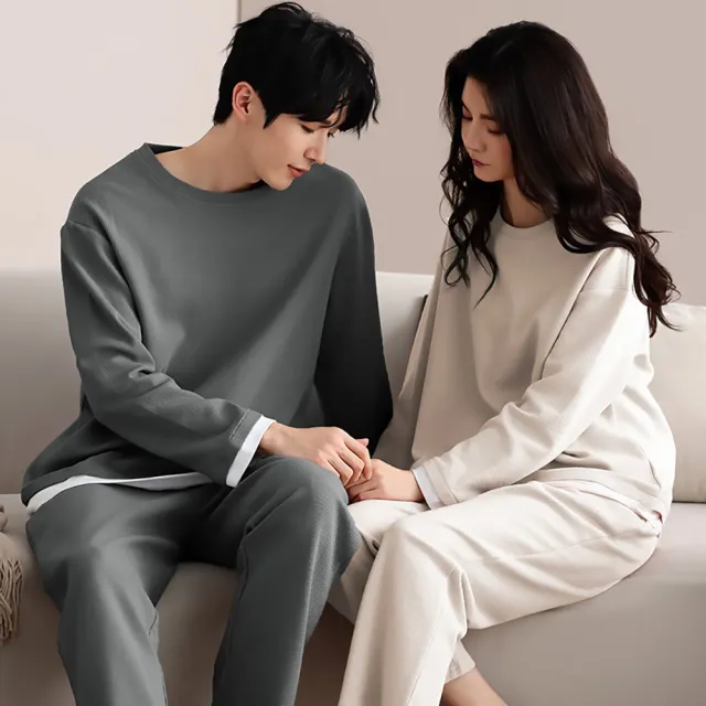 【KOTI 日安生活】純棉韓系華夫格長袖情侶睡衣家居服套裝男女款睡衣(大尺碼/長袖長褲/二件式)
