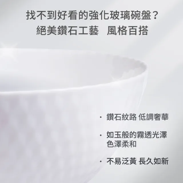 【mo select】任選3組-可微波鑽石系列白玉強化玻璃碗盤多件組(碗盤/餐具/碗/盤子/深盤/可進洗碗機、微波爐)