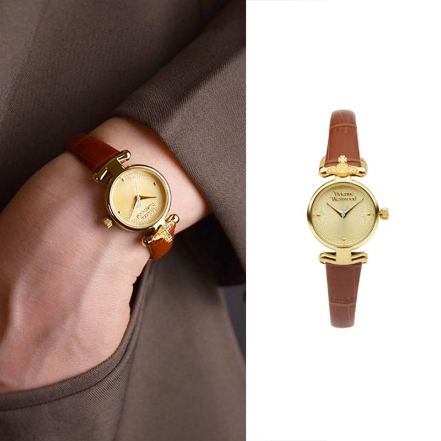 【Vivienne Westwood】金框 金面 放射造型錶盤 咖啡色皮革錶帶 小錶盤 女錶 23mm(VV090GDBR)