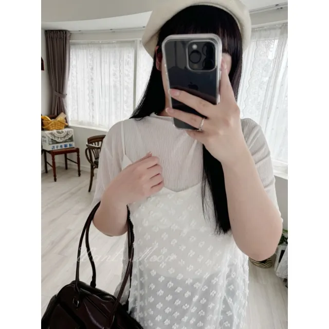 【Want-Meow】70公斤可穿/日系透膚細肩帶圓點前開岔背心裙雪紡吊帶背心(大碼上衣/大碼/大尺碼/吊帶背心)