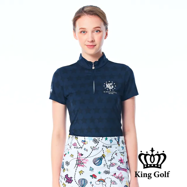 【KING GOLF】網路限定款-女款星星滿版底圖立領POLO衫/高爾夫球衫-丈青
