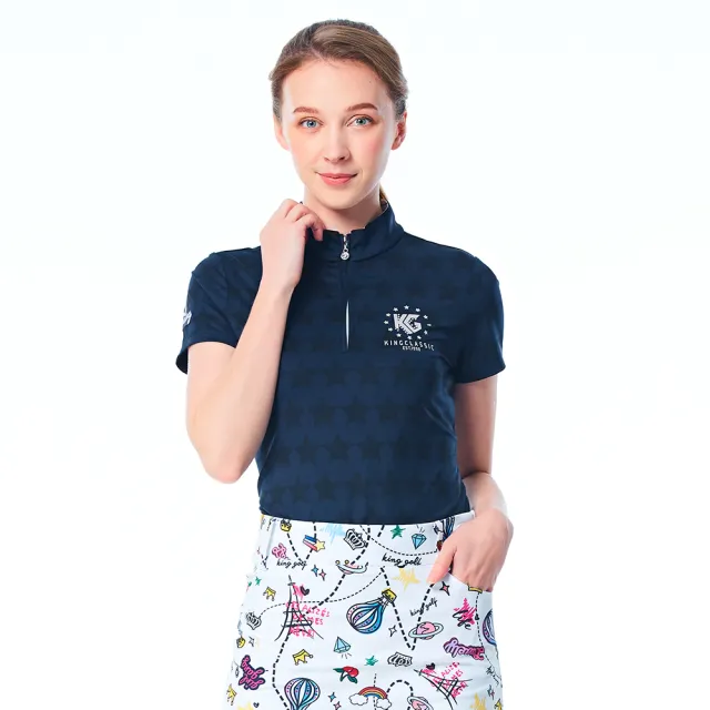 【KING GOLF】網路限定款-女款星星滿版底圖立領POLO衫/高爾夫球衫-丈青