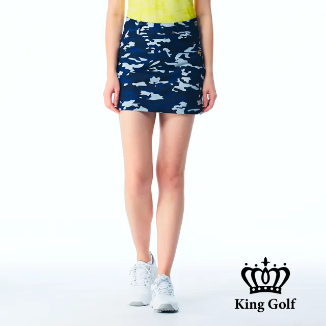 【KING GOLF】網路限定款-女款滿版數位迷彩印圖A LINE短裙/高爾夫球裙-藍色