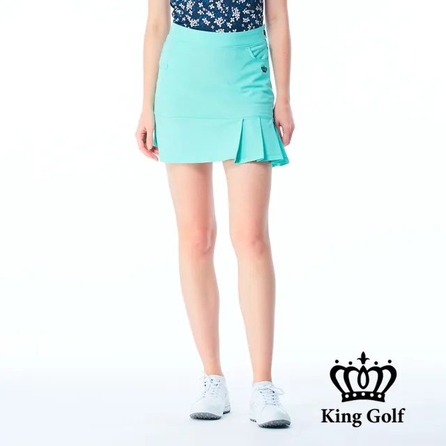 【KING GOLF】網路限定款-女款立體刺繡素面修身荷葉百褶A LINE短裙/高爾夫球裙-綠色