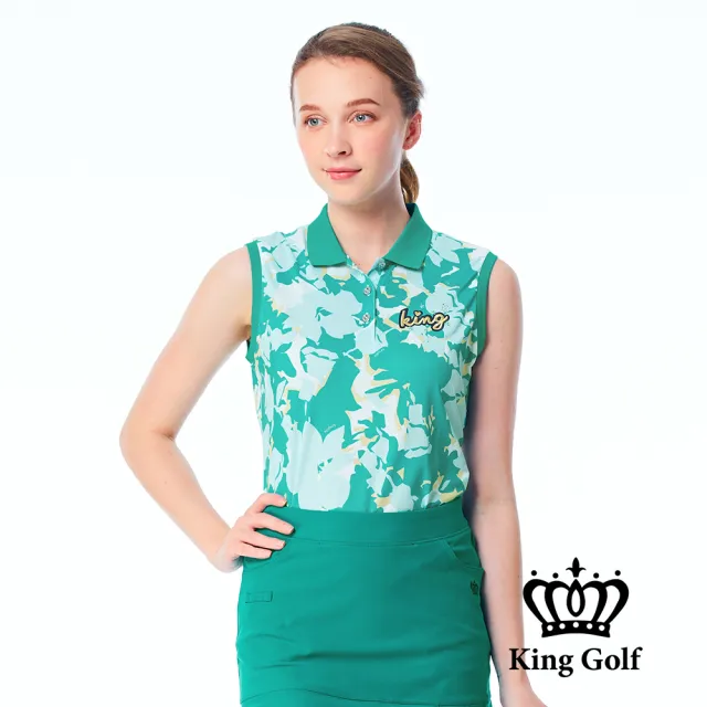 【KING GOLF】網路限定款-女款燙鑽刺繡迷彩印花撞色領口無袖背心POLO衫/高爾夫球衫-綠色