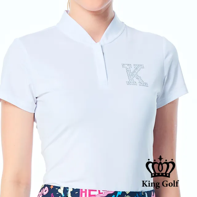 【KING GOLF】網路限定款-女款素面立體燙鑽襯衫立領拉鍊POLO衫/高爾夫球衫-白色