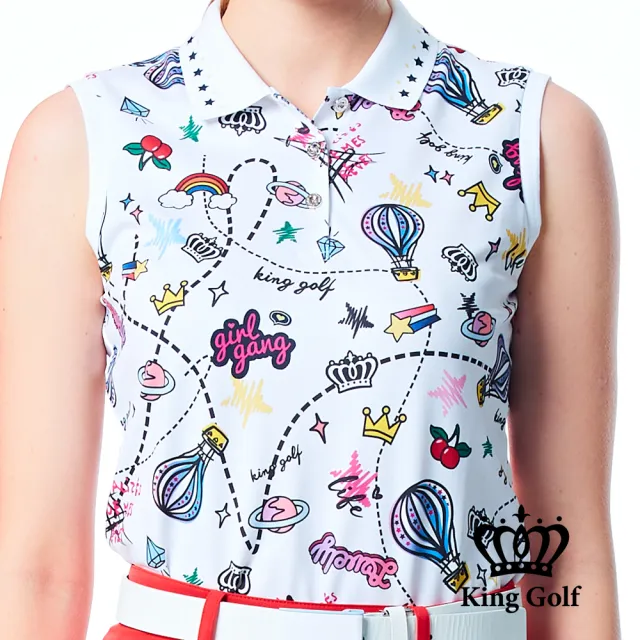 【KING GOLF】網路限定款-女款滿版繽紛熱氣球印花無袖背心POLO衫/高爾夫球衫-白色
