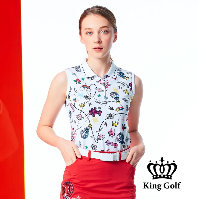 【KING GOLF】網路限定款-女款滿版繽紛熱氣球印花無袖背心POLO衫/高爾夫球衫-白色