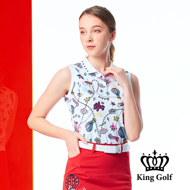 【KING GOLF】網路限定款-女款滿版繽紛熱氣球印花無袖背心POLO衫/高爾夫球衫-白色