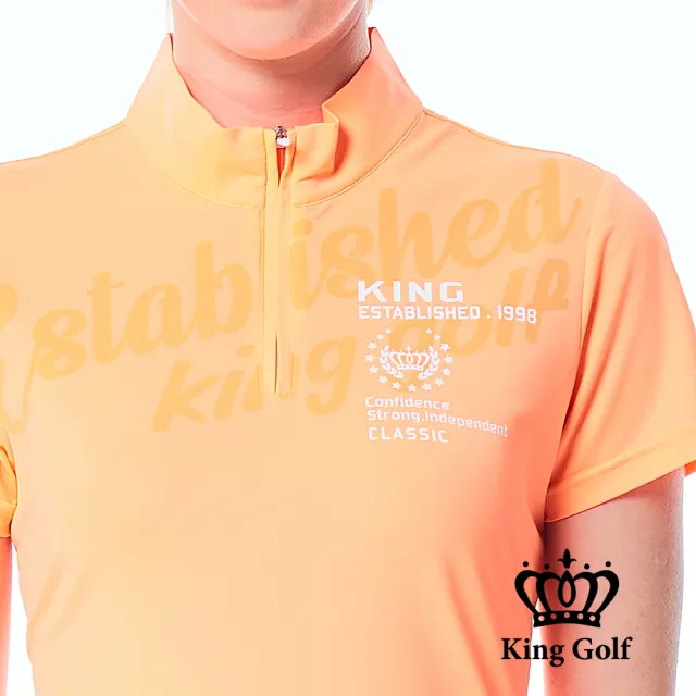 【KING GOLF】網路限定款-女款素色底紋雙色印花立領拉鍊POLO衫/高爾夫球衫-橘色