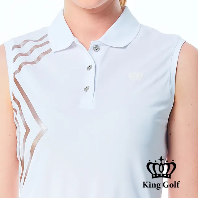 【KING GOLF】網路限定款-女款素色燙銀線條無袖背心POLO衫/高爾夫球衫-白色