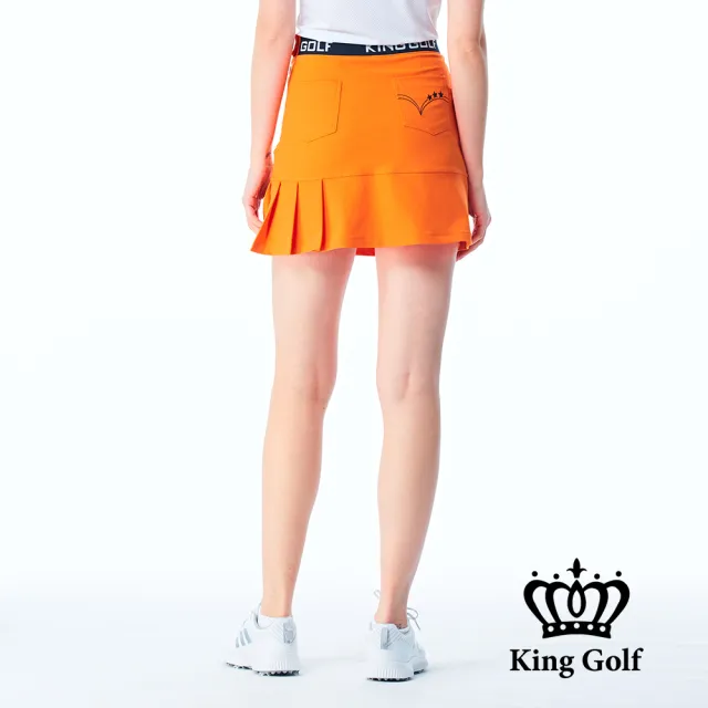 【KING GOLF】網路限定款-女款立體刺繡素面修身荷葉百褶A LINE短裙/高爾夫球裙-橘色