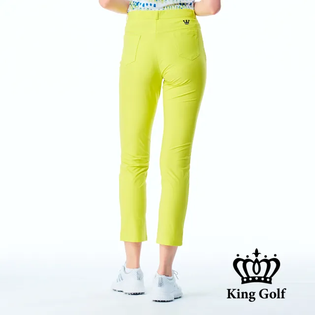【KING GOLF】網路限定款-女款LOGO燙印舒適修身素面休閒長褲/高爾夫球褲-螢光綠色