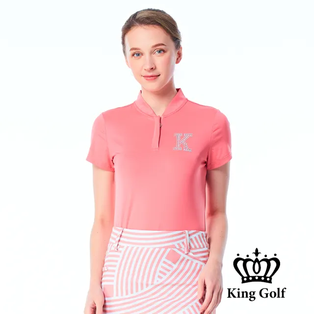 【KING GOLF】網路限定款-女款素面立體燙鑽襯衫立領拉鍊POLO衫/高爾夫球衫-粉色