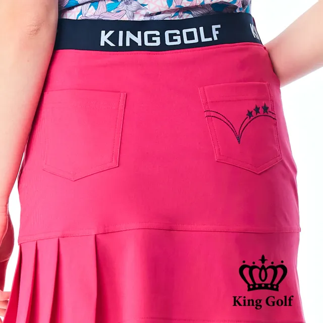 【KING GOLF】網路限定款-女款立體刺繡素面修身荷葉百褶A LINE短裙/高爾夫球裙-桃紅色