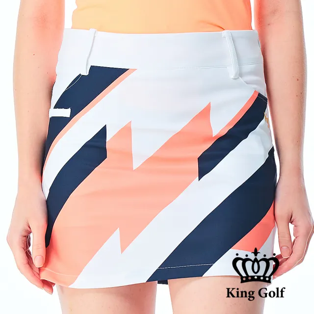 【KING GOLF】網路限定款-女款撞色線條色塊修身A LINE短裙/高爾夫球裙-橘色