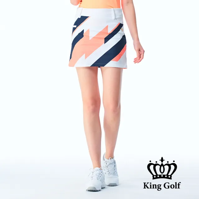 【KING GOLF】網路限定款-女款撞色線條色塊修身A LINE短裙/高爾夫球裙-橘色