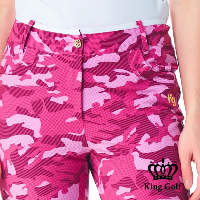 【KING GOLF】網路限定款-女款立體皇冠刺繡滿版數位迷彩印圖舒適修身休閒長褲/高爾夫球褲-桃紅色