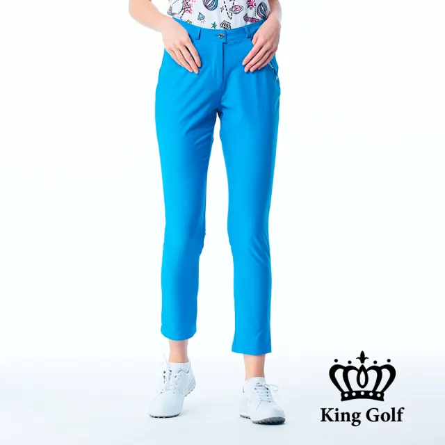 【KING GOLF】網路限定款-女款LOGO燙印舒適修身素面休閒長褲/高爾夫球褲-藍色
