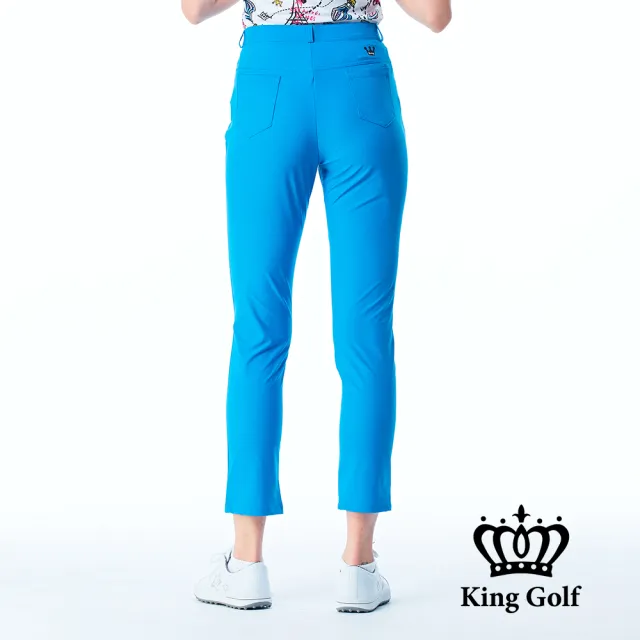 【KING GOLF】網路限定款-女款LOGO燙印舒適修身素面休閒長褲/高爾夫球褲-藍色
