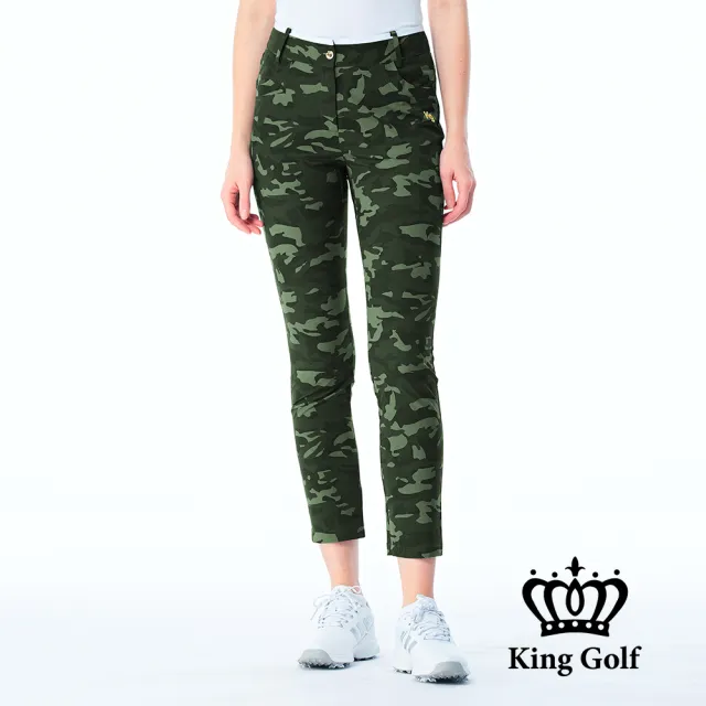 【KING GOLF】網路限定款-女款立體皇冠刺繡滿版數位迷彩印圖舒適修身休閒長褲/高爾夫球褲-綠色