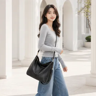 【EMMA SUE】雙11 皮革包包 黑色包包 女包 女生包包 腋下包 側背包女 皮革斜背包 通勤包包 皮質 