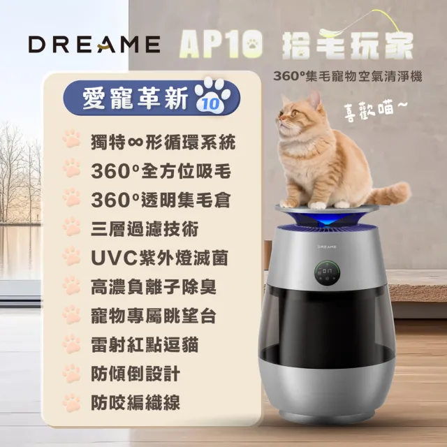 【Dreame 追覓科技】拾毛玩家!AP10 360°集毛寵物空氣清淨機( 獨特∞形循環系統/360°透明可視集毛倉)