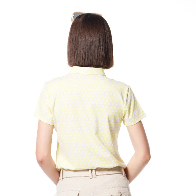 【Lynx Golf】女款吸溼排汗機能滿版配色線條印花Lynx字樣繡花短袖POLO衫/高爾夫球衫(淺黃色)