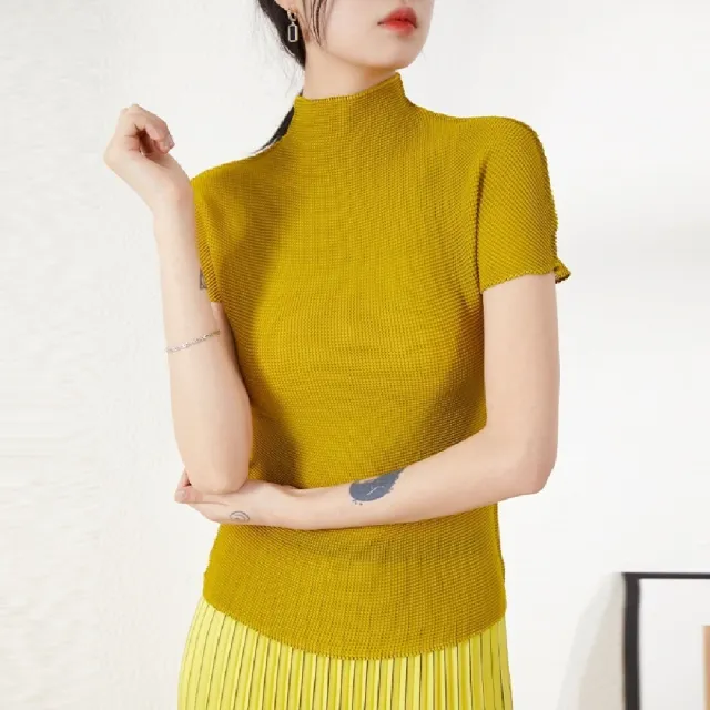 【米蘭精品】現貨+預購 三宅風皺褶衣服褶皺上衣摺衣彈力女裝顯瘦折衣大碼(短袖立領T恤7色74fg3)