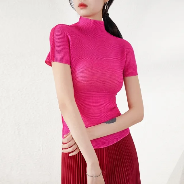 【米蘭精品】現貨+預購 三宅風皺褶衣服褶皺上衣摺衣彈力女裝顯瘦折衣大碼(短袖立領T恤7色74fg3)