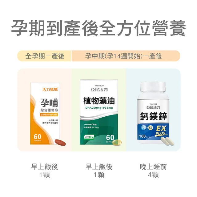 【活力媽媽】懷孕營養聰明組(孕哺綜合維他命1盒60顆+藻油DHA1盒60顆+鈣鎂鋅1罐100顆)