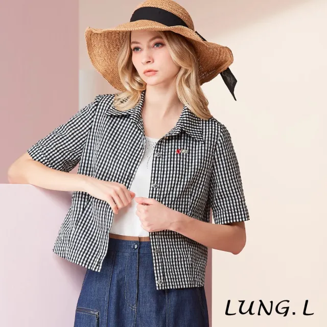 【LUNG.L 林佳樺】LU39A 黑白棉質細格紋翻領排釦短版短袖襯衫(罩衫)