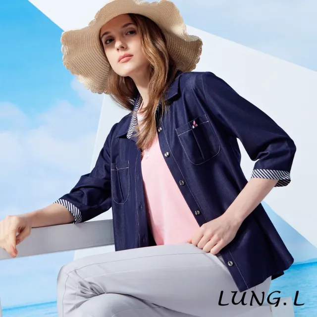 【LUNG.L 林佳樺】LW02C 藍色仿牛仔質感七分袖女裝襯衫(罩衫)