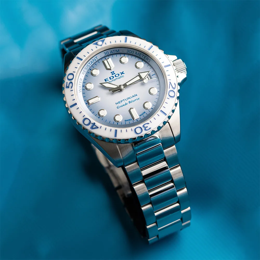 EDOX 伊度】Neptunian 海神冰藍68H超動能300米潛水機械錶-42mm(E80801