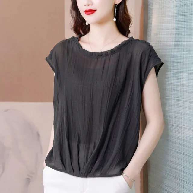 【ASister 小姊姊】AS2559#女裝｜中大尺碼上衣☆*花邊圓領萊賽爾混紡褶皺上衣(3色 L-4XL)