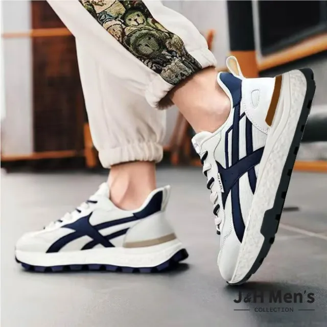 【J&H collection】日系百搭撞色輕盈減震男款休閒鞋 運動鞋(卡其色 / 深藍色)
