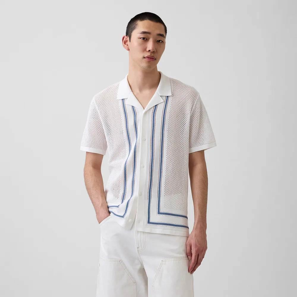【GAP】條紋古巴領針織襯衫-新款米白(895300)