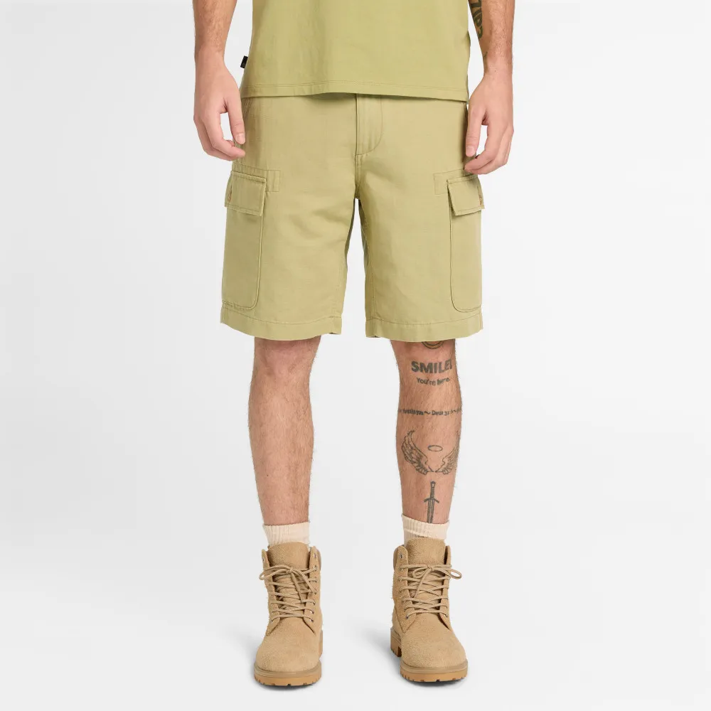 【Timberland】男款灰綠色寬版亞麻混紡工裝短褲(A44W7BQ0)