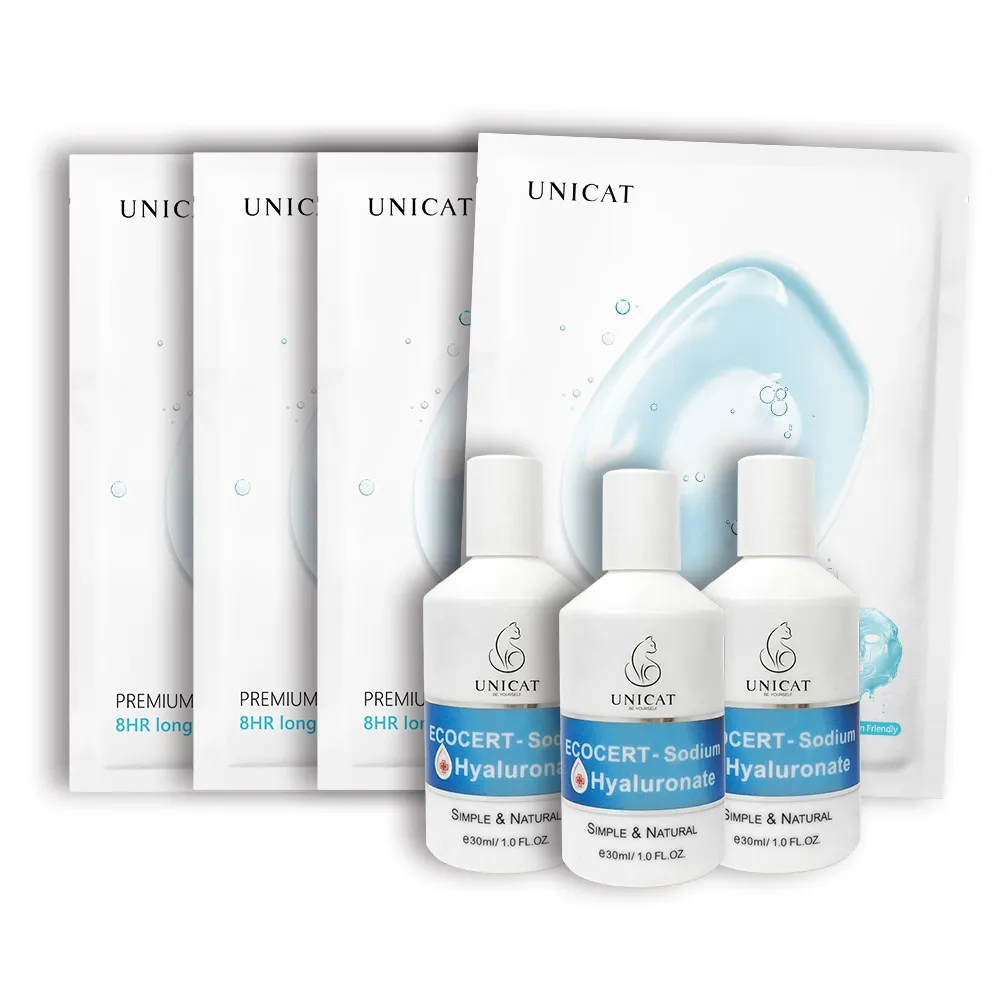 【UNICAT 變臉貓】99%玻尿酸保濕精華 30mlX3 +8HR保濕水潤面膜 玻尿酸面膜 共4片(有機認證 安心保濕抗乾燥)