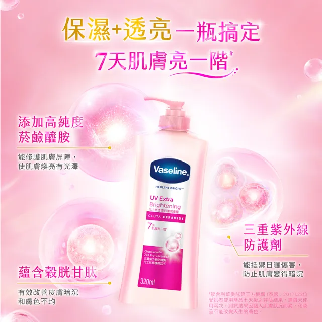 【Vaseline 凡士林】官方直營 透亮系列潤膚露320ml_3入組(十效彈潤/涼感水潤/SPF30透亮防曬 美白乳液)