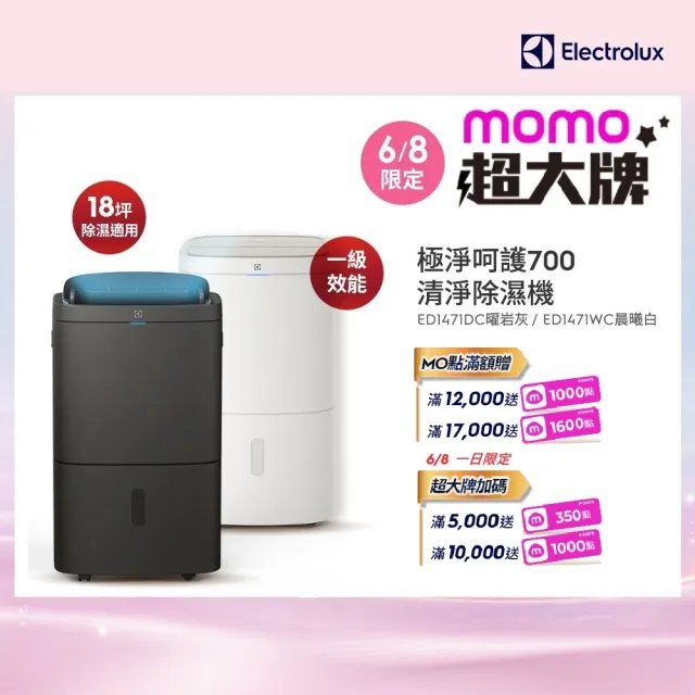 【Electrolux 伊萊克斯】符合2026 新一級能效 14L WIFI 極適家居700清淨除濕機(ED1471DC/WC兩色任選)