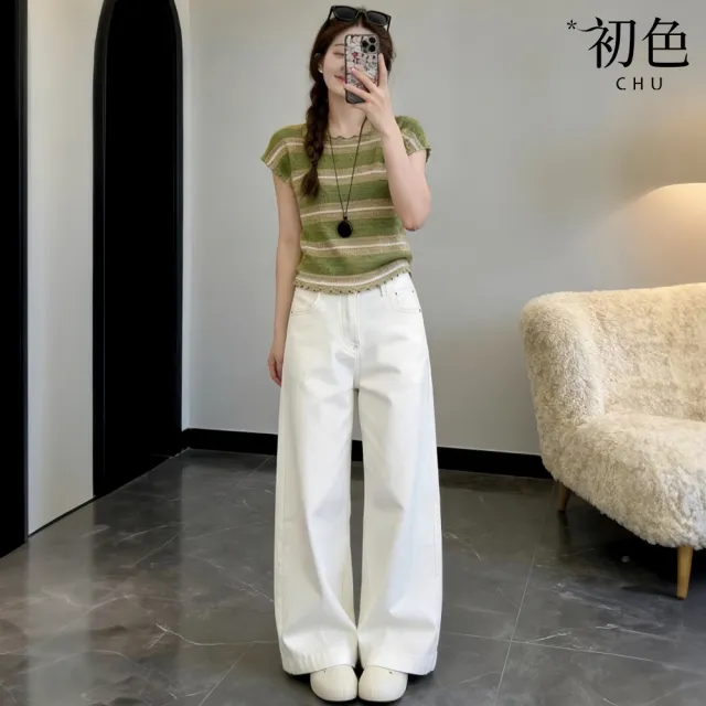 【初色】韓系撞色條紋木耳邊短袖上衣女上衣+素色牛仔褲休閒褲寬褲長褲套裝-條紋衣白褲-51370(M-XL可選)